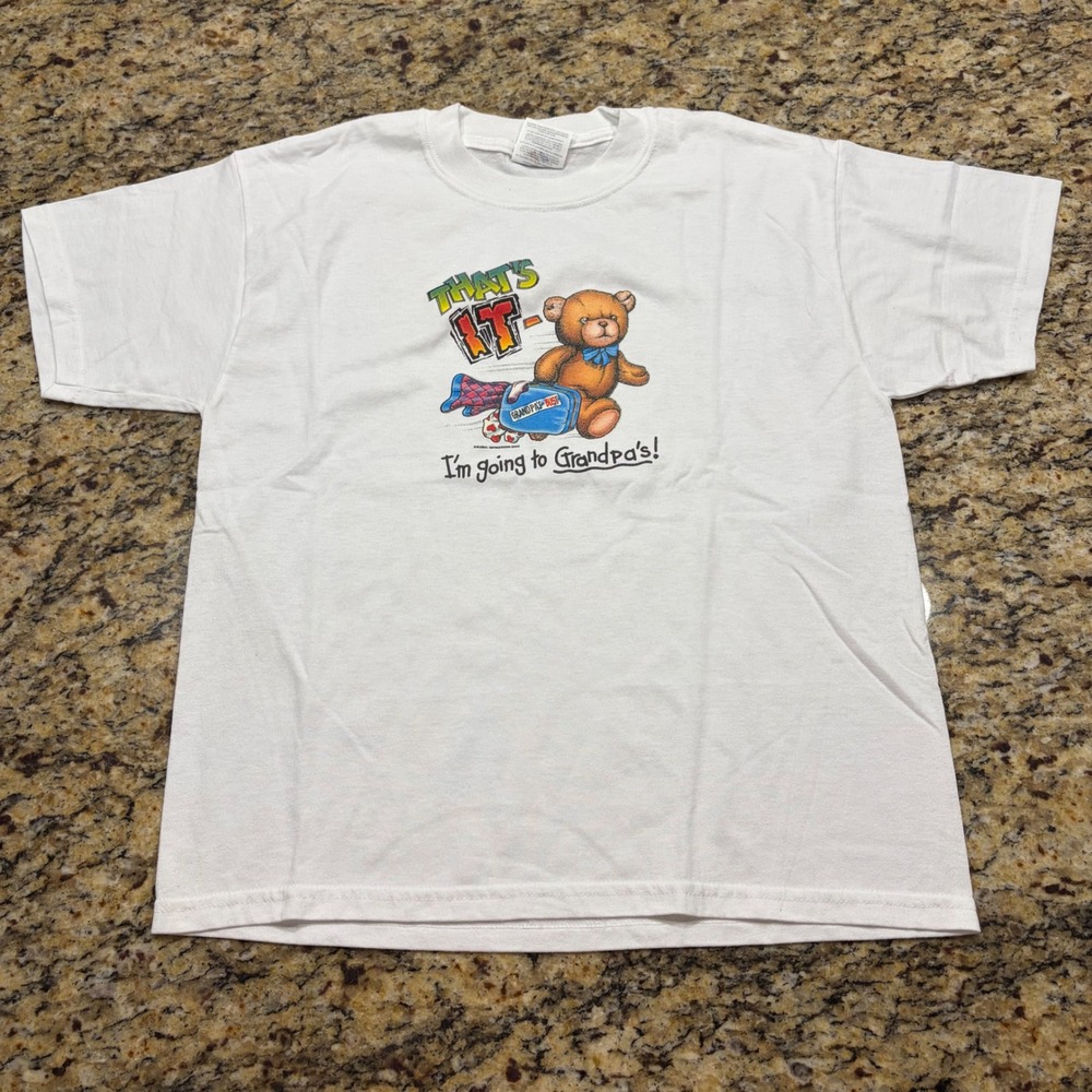 Vintage 2000 Jerzees Kids White Teddy Bear Grandpa Graphic T-Shirt Size L v